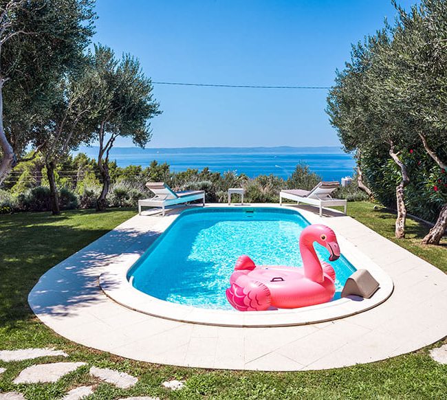 Piscine creusée arrondie avec bouée en forme de flamant rose